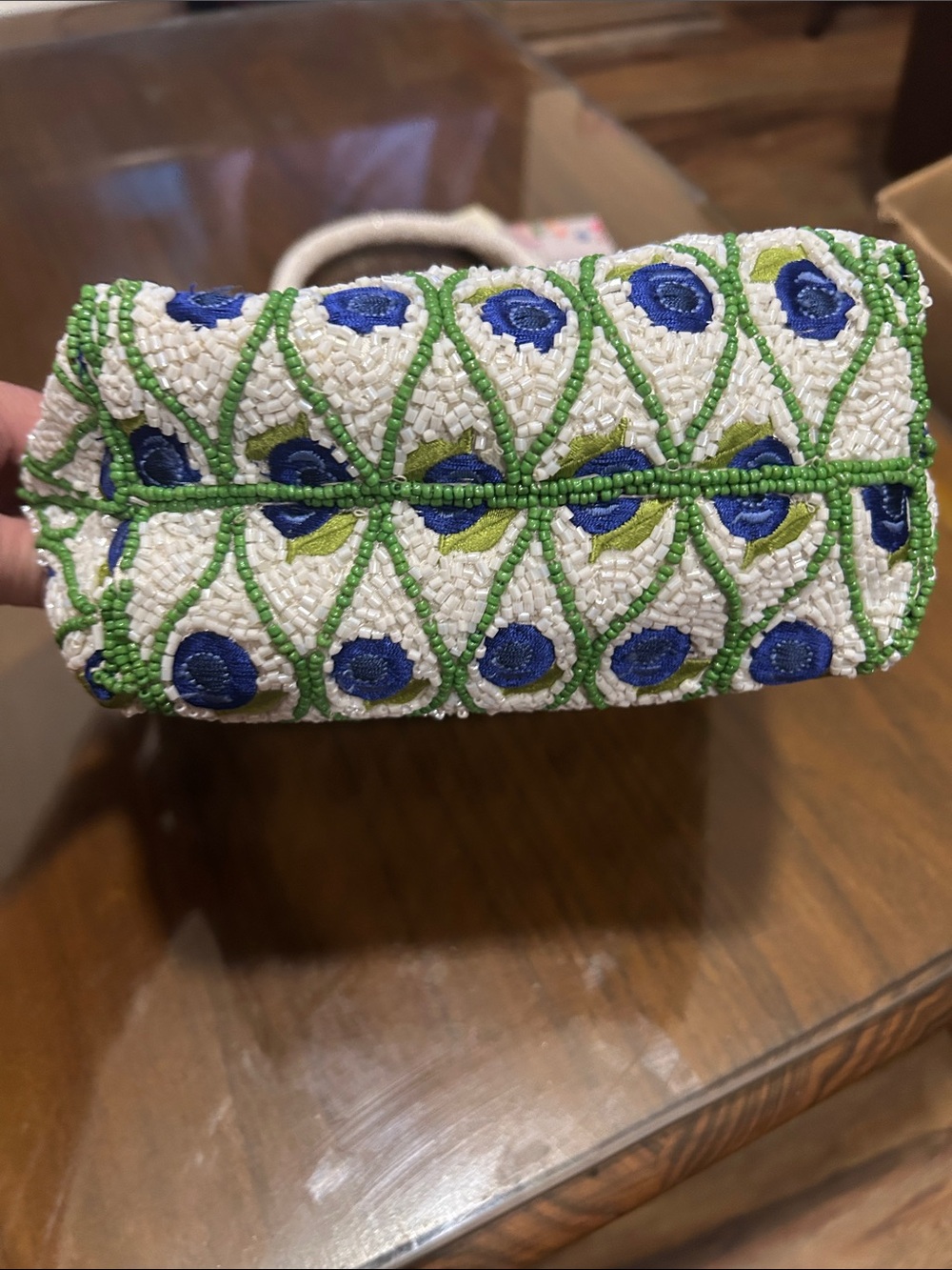 INC International Concepts White Beaded Handbag with Blue & Green Motif - Picture 3 of 4